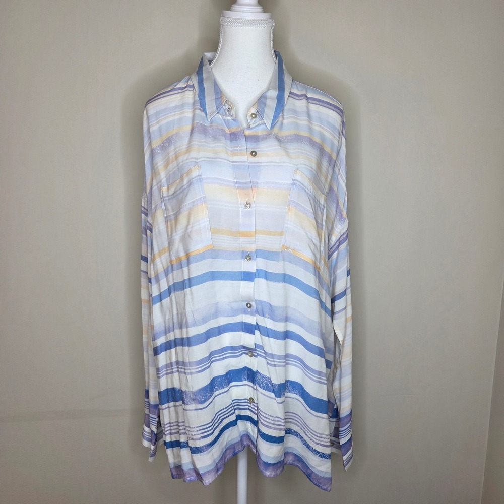 Dear John Blue Yellow Striped Button Up Shirt Rayon Coastal Grandmother Size XL